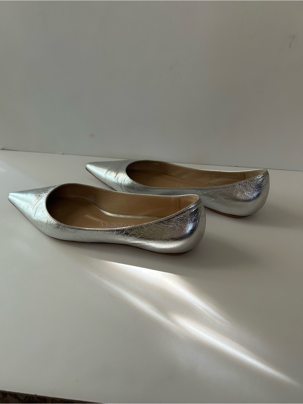 Stuart Weitzman Silver Pointed-Toe Leather Flats